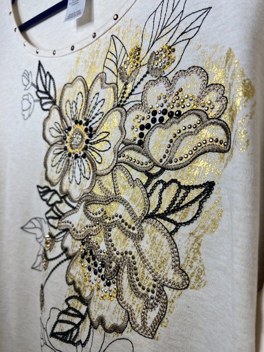 Alfred Dunner Cream Floral Embroidered Rhinestone 3/4 Sleeve Tunic Top XL - Picture 2 of 12